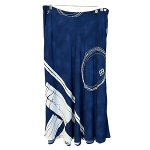 Vintage Nino Wong California Japanese Abstract Print Midi Skirt Blue White Small